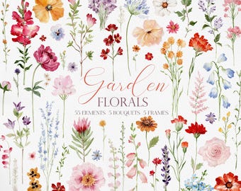 GARDEN FLORALS, Watercolor Garden flower Clipart, Colorful Wildflowers, Wildflower Bouquets, Wedding Invitation Clipart, Spring floral