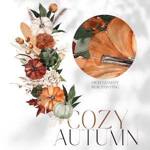 May include: Watercolor painting of a fall wreath with pumpkins, leaves, and flowers. The wreath is in shades of orange, brown, green, and white. The text "Cozy Autumn" is written below the wreath.