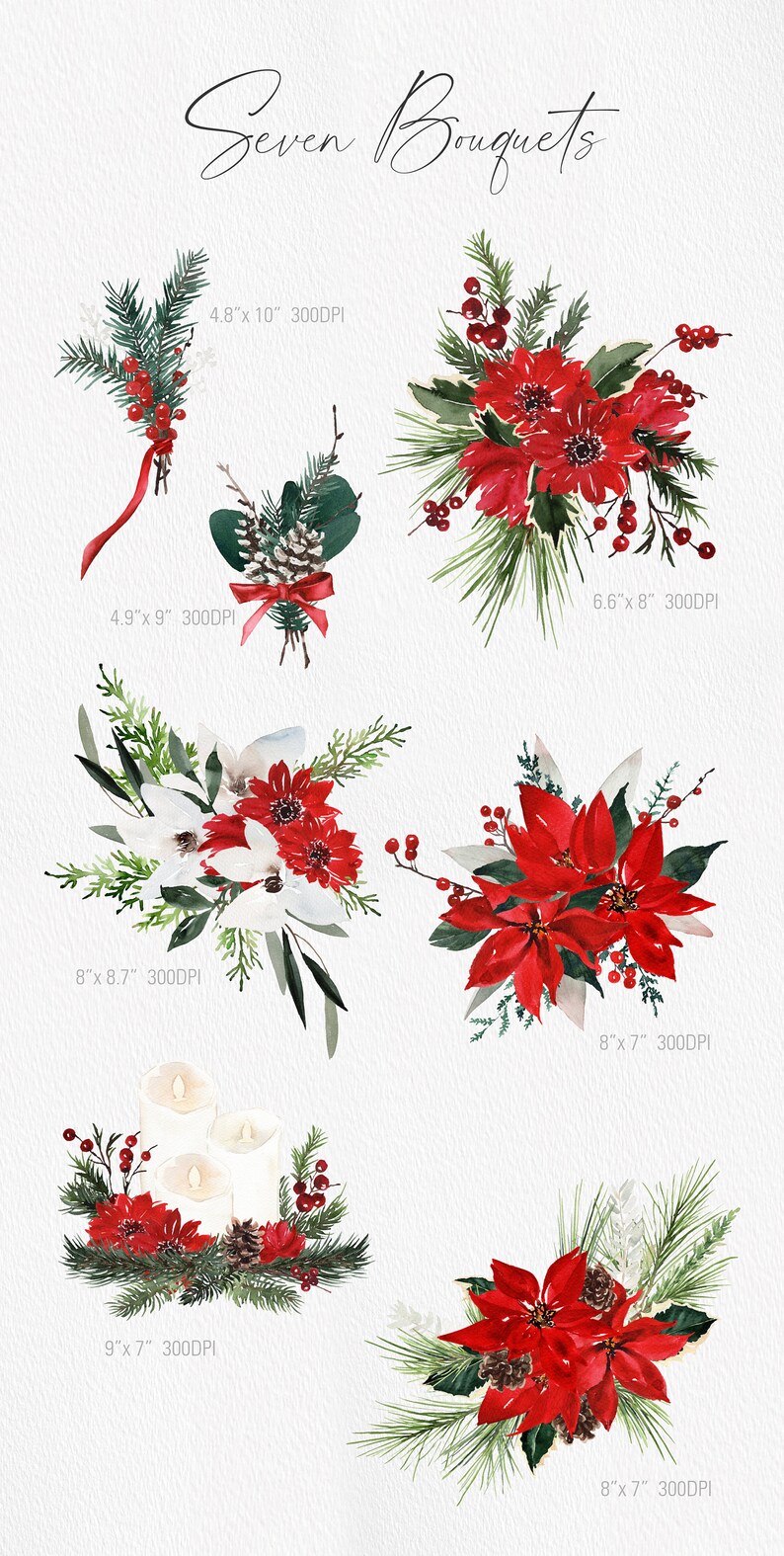 K&ouml;nnte beinhalten: Sieben Aquarell-Illustrationen von Weihnachtsstr&auml;u&szlig;en mit roten Weihnachtssternen, Tannenzweigen, Beeren und Tannenzapfen. Die Str&auml;u&szlig;e sind in verschiedenen Gr&ouml;&szlig;en und Stilen angeordnet, einige mit Kerzen und andere mit einem roten Band.