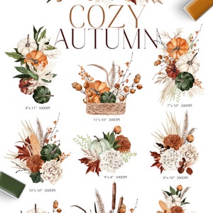Peut inclure: Un ensemble d'illustrations num&eacute;riques d'arrangements floraux d'automne &agrave; l'aquarelle, mettant en sc&egrave;ne des citrouilles, des courges, des feuilles d'automne et des herbes s&eacute;ch&eacute;es. Les illustrations sont parfaites pour cr&eacute;er des designs, des cartes et des invitations sur le th&egrave;me de l'automne.