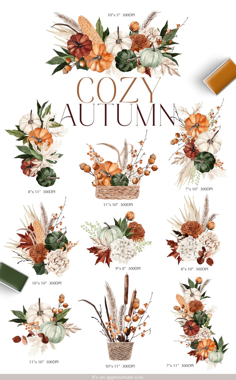 Peut inclure: Un ensemble d'illustrations num&eacute;riques d'arrangements floraux d'automne &agrave; l'aquarelle, mettant en sc&egrave;ne des citrouilles, des courges, des feuilles d'automne et des herbes s&eacute;ch&eacute;es. Les illustrations sont parfaites pour cr&eacute;er des designs, des cartes et des invitations sur le th&egrave;me de l'automne.