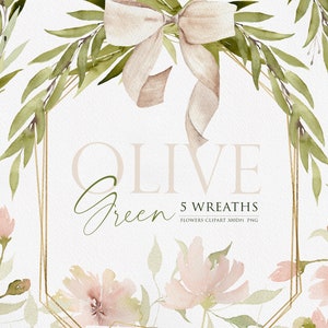 Może przedstawiać: Olive Green 5 Wreaths - Aquarelowe kliparty z pięcioma wiankami z gałązek oliwnych z delikatnym różowym wzorem kwiatowym i złotą geometryczną ramą. Tekst "Olive Green 5 Wreaths" jest wyświetlany w środku obrazu.
