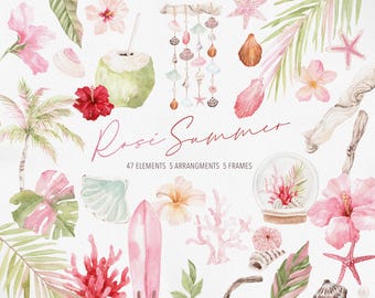 Rosé Summer, Watercolor Pink Summer, Pink Shell, Coral Clipart, Shell Clipart, Watercolor Summer, Summer Clipart, Watercolor Pink Tropical