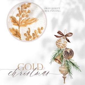May include: A watercolor illustration of Christmas ornaments including a round bauble with gold botanical patterns, a striped bauble, and a bell, accented with pine needles and a brown ribbon. Text reads "GOLD christmas" and "HIGH QUALITY REAL PAINTING".