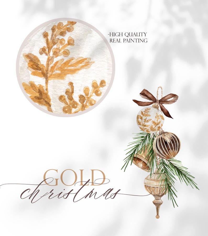 May include: A watercolor illustration of Christmas ornaments including a round bauble with gold botanical patterns, a striped bauble, and a bell, accented with pine needles and a brown ribbon. Text reads "GOLD christmas" and "HIGH QUALITY REAL PAINTING".