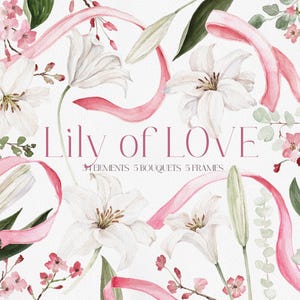 Lys de l'AMOUR, aquarelle de fleurs, lys aquarelle, fleur de lys png, clipart lys, clipart ruban rose, clipart Saint-Valentin, fleur PNG