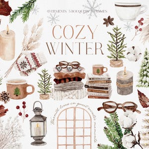 May include: Watercolor illustration with the text "COZY WINTER" featuring various winter elements. Includes a stack of sweaters, mugs with Christmas trees, candles, pine trees, mittens, eyeglasses, and snowflakes. The image has a warm, inviting aesthetic.