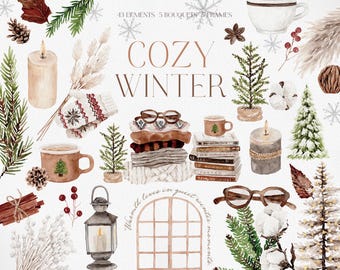May include: Watercolor illustration with the text "COZY WINTER" featuring various winter elements. Includes a stack of sweaters, mugs with Christmas trees, candles, pine trees, mittens, eyeglasses, and snowflakes. The image has a warm, inviting aesthetic.
