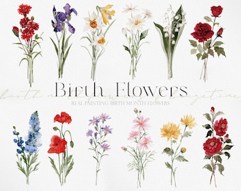 Watercolor Birth Flower Clipart, Birth Month Flowers PNG, Floral Bouquet Elements for Birthday and Family Designs