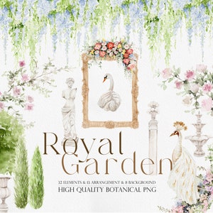 Koninklijke tuin, aquarel bloemen, aquarel clipart, aquarel landschap, huwelijksboog clipart, landschap clipart, lente tuin clipart