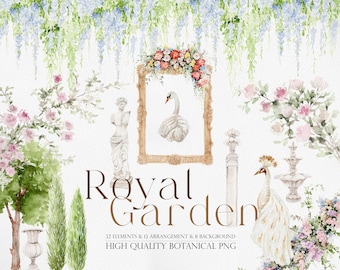 May include: Watercolor illustration of a royal garden with a white swan, a peacock, and various flowers and plants. The illustration includes 32 elements, 13 arrangements, and 8 backgrounds. High quality botanical PNG.