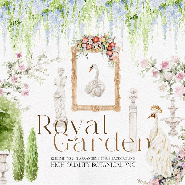 Jardin royal, aquarelle de fleurs, clipart aquarelle, aquarelle de paysage, clipart arche de mariage, clipart paysage, clipart jardin de printemps