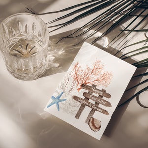 May include: A watercolor illustration of a wooden sign with the text "Happily Ever After" and "Daphne & Jeremy" on it. The sign is surrounded by coral, a starfish, and a seashell.