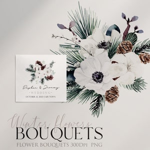 May include: Winter wedding invitation with white flowers, pine branches, and pine cones. The invitation reads "Daphne & Jeremy Wedding October 12, 2023 Cafe Town".