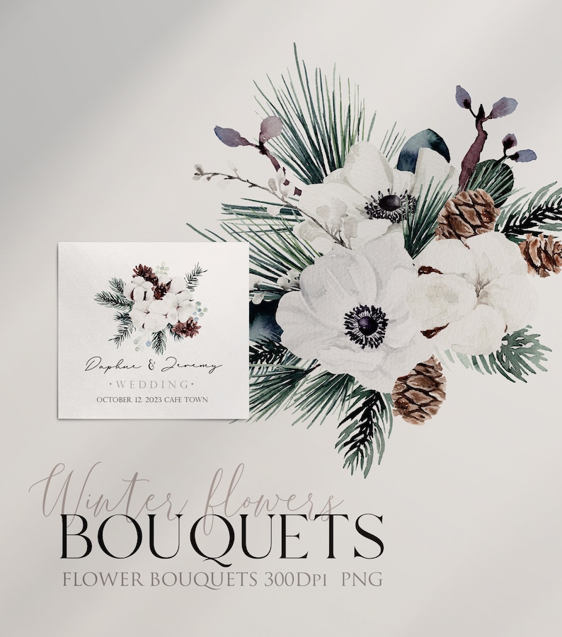 May include: Winter wedding invitation with white flowers, pine branches, and pine cones. The invitation reads "Daphne & Jeremy Wedding October 12, 2023 Cafe Town".