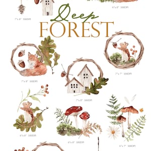 May include: Watercolor illustrations of a deep forest theme with mushrooms, houses, acorns, pine cones, foxes, and mice. The illustrations are in shades of brown, red, green, and white.