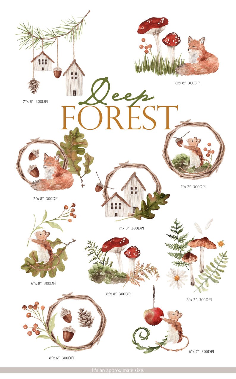 May include: Watercolor illustrations of a deep forest theme with mushrooms, houses, acorns, pine cones, foxes, and mice. The illustrations are in shades of brown, red, green, and white.