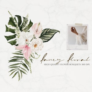 May include: Watercolour illustration of a bouquet of pink and white flowers with green leaves. The flowers include orchids, roses, and anthurium. The text "fancy floral high quality flower bouquets 300 dpi" is written below the bouquet.