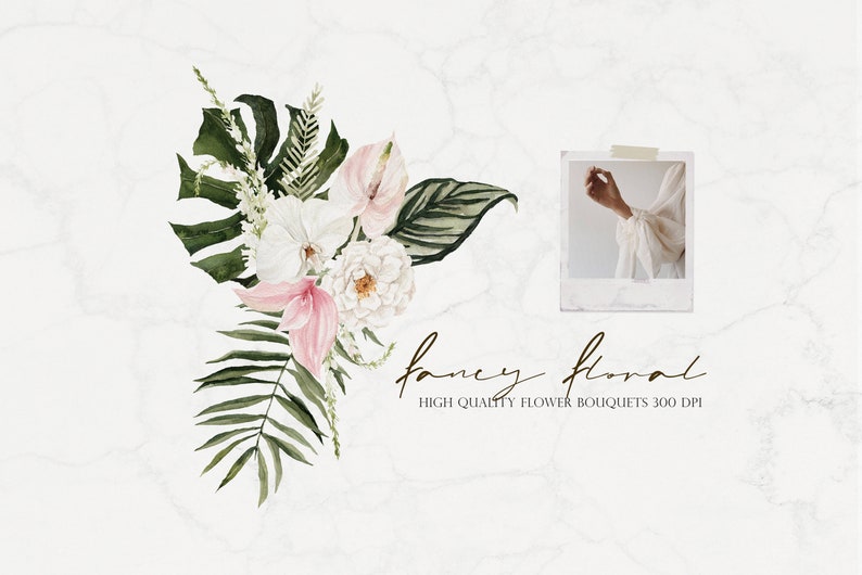 May include: Watercolour illustration of a bouquet of pink and white flowers with green leaves. The flowers include orchids, roses, and anthurium. The text "fancy floral high quality flower bouquets 300 dpi" is written below the bouquet.