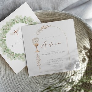 May include: Two baptism invitations with a watercolor design. The first invitation features a wreath of green leaves with a cross in the center. The second invitation features a chalice with a floral arch and the text "Baptism Andrew Please join us for the service Sunday, 27 December, at 12PM Saint Bartholomew Church, followed by a celebration to follow"