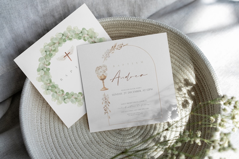 May include: Two baptism invitations with a watercolor design. The first invitation features a wreath of green leaves with a cross in the center. The second invitation features a chalice with a floral arch and the text "Baptism Andrew Please join us for the service Sunday, 27 December, at 12PM Saint Bartholomew Church, followed by a celebration to follow"