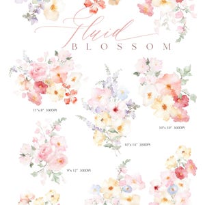 May include: A set of ten watercolor floral illustrations featuring various arrangements of pink, white, and yellow flowers with green leaves. The illustrations are labeled with their approximate size in inches.