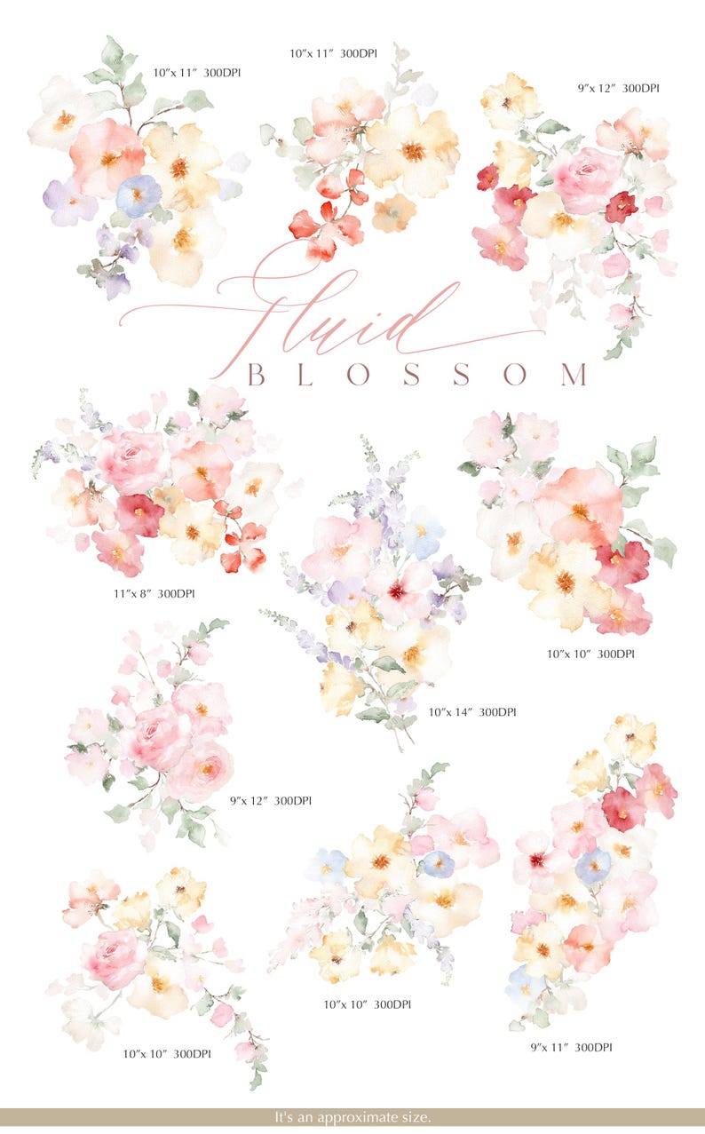 May include: A set of ten watercolor floral illustrations featuring various arrangements of pink, white, and yellow flowers with green leaves. The illustrations are labeled with their approximate size in inches.