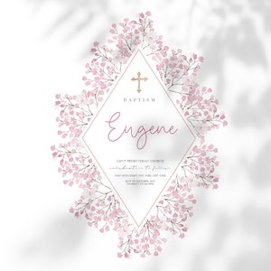May include: A baptism invitation with a pink floral border and a gold cross. The invitation reads "Baptism Eugene" and includes the church name, address, and RSVP information.