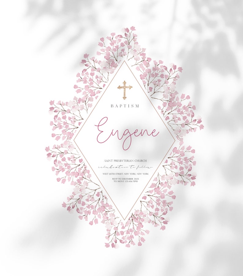 May include: A baptism invitation with a pink floral border and a gold cross. The invitation reads "Baptism Eugene" and includes the church name, address, and RSVP information.