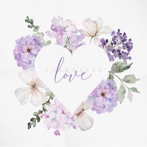 AMOR Y FLORAL, Flores de acuarela, Flores de AMOR de acuarela, Clipart del día de San Valentín, Clipart de color lila, Marco de corazón