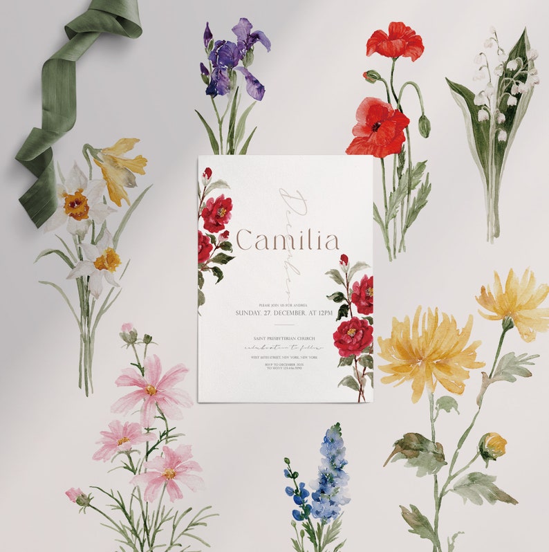 Puede incluir: Una invitaci&oacute;n de boda acuarela con un borde floral. La invitaci&oacute;n es para la boda de Camilla el domingo 27 de diciembre a las 12:00 PM en la Iglesia Presbiteriana de San. La invitaci&oacute;n est&aacute; decorada con flores de acuarela en tonos rojos, amarillos, azules y verdes.