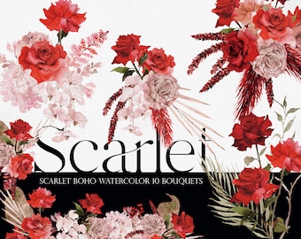 Scarlet Flowers, Watercolor Flower, Watercolor Clipart, Autumn Flower, Flower PNG, Fall flowers, Watercolor Bouquets, Rose Clipart, Red Rose