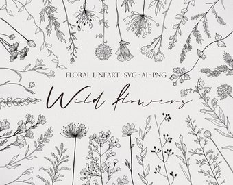 Wild Flower SVG, Flower Clipart, Flower LineART, Botanical LineART, Floral Bundle SVG, Minimalist Flower. Wild Flower Clipart, Botinicalart