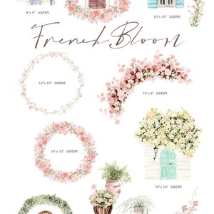 May include: A set of watercolor illustrations featuring French-inspired floral designs, including wreaths, garlands, potted plants, and windows with shutters. The illustrations are perfect for adding a touch of charm and elegance to any project.