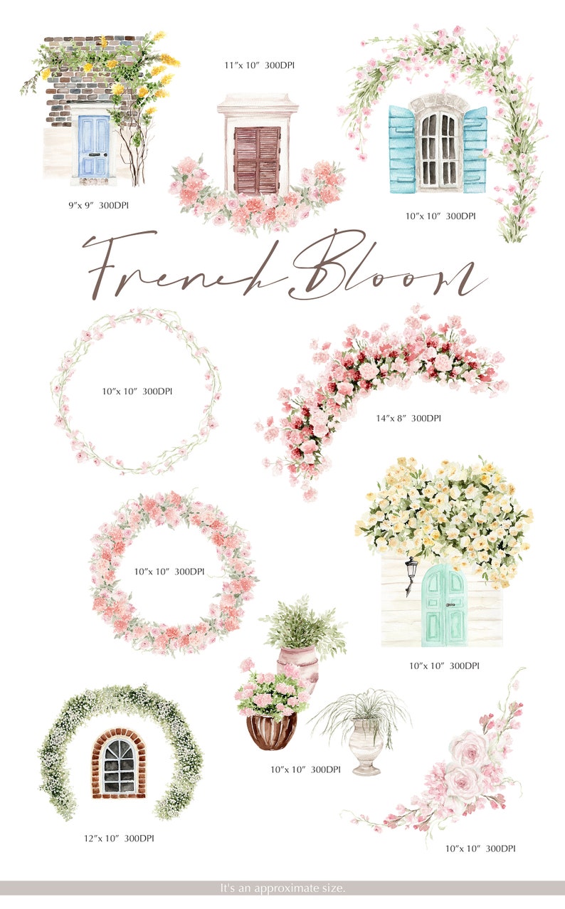 May include: A set of watercolor illustrations featuring French-inspired floral designs, including wreaths, garlands, potted plants, and windows with shutters. The illustrations are perfect for adding a touch of charm and elegance to any project.