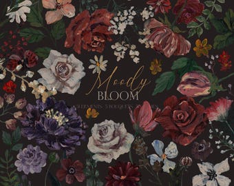 MOODY BLOOM, handbemalte Blume, Aquarell Blume, Vintage Rosen, Rose PNG, Halloween Blume, dunkle Blumenstimmung, launische Blume