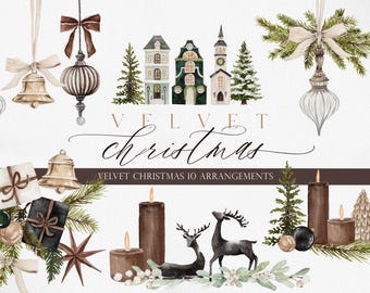 VELVET CHRISTMAS, Watercolor Christmas, Christmas Card, Boho Christmas, Christmas Tree, Christmas House, Watercolor Ornaments