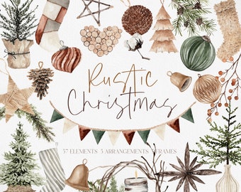 Rustic Christmas, Ornaments Clipart, Christmas Clipart, Boho Christmas, Watercolor Clipart, Watercolor Christmas, Christmas Wreath