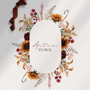 May include: Watercolor illustration of a fall floral wreath with sunflowers, burgundy flowers, and pink flowers. The wreath is in a circle shape with a white background and the text "Autumn Floral" in the center.