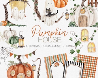 Hand-Painted Watercolor Halloween Clipart Bundle, Pumpkin House and Cute Ghost PNG Bundle, Whimsical Fall Clipart