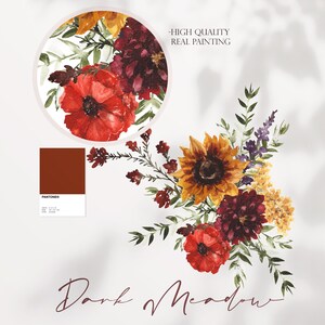 May include: A watercolor painting of a bouquet of flowers in shades of red, orange, yellow, and purple. The flowers include sunflowers, dahlias, and poppies. The painting is titled "Dark Meadow" and is labeled as a high quality real painting.
