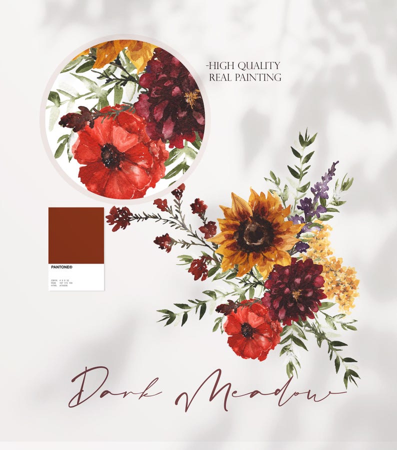 May include: A watercolor painting of a bouquet of flowers in shades of red, orange, yellow, and purple. The flowers include sunflowers, dahlias, and poppies. The painting is titled "Dark Meadow" and is labeled as a high quality real painting.