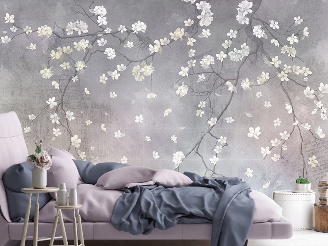Cherry Blossom Branch Vinyl Wallpaper, Sakura Wall Mural, Botanical