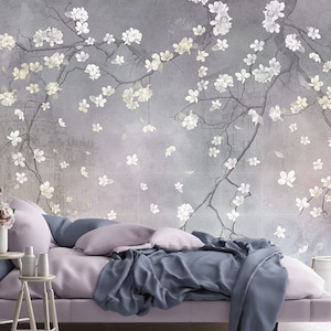 Cherry Blossom Branch Vinyl Wallpaper, Sakura Wall Mural, Botanical Wallpaper, Big Flowers Wallcovering, Flowering Fruit Trees Wall Art