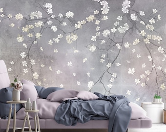 Cherry Blossom Branch Vinyl Wallpaper, Sakura Wall Mural, Botanical Wallpaper, Big Flowers Wallcovering, Flowering Fruit Trees Wall Art