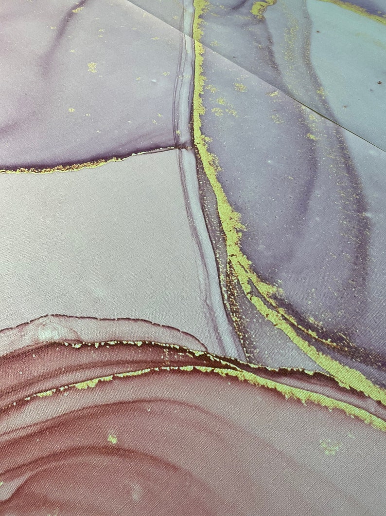 May include: Abstract art painting with a purple, pink, and gold color scheme. The painting has a textured surface and features a variety of shapes and lines.