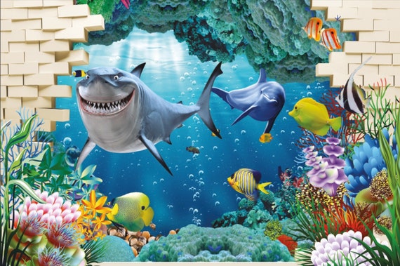 Underwater World Blue Deep Ocean Cartoon Shark Photo Mural Living