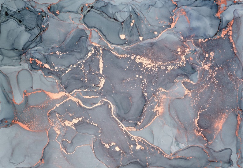 May include: Abstract art print featuring a fluid design in shades of gray and blue, accented with copper-colored metallic details. The artwork has a marbled effect, with flowing lines and speckled accents, creating a modern aesthetic.