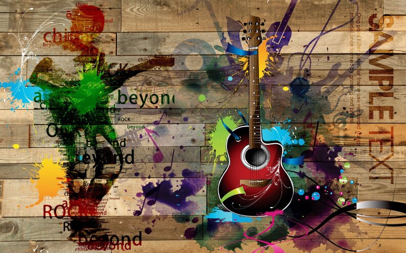 Op de afbeelding: Een kleurrijk abstract ontwerp met een silhouet van een dansende persoon en een rode akoestische gitaar op een houten achtergrond. Het ontwerp bevat verfspatten in verschillende kleuren, waaronder blauw, groen, geel en paars. De tekst "beyond" wordt herhaald in het hele ontwerp.