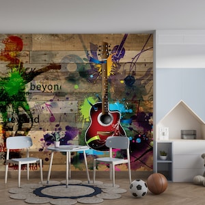 Teenager Vinyl wallpaper, Guitar Wall Mural, Urban Wall Art, Street Wall Art, Music lover Mural, Playroom Removable contemporary wallpaper